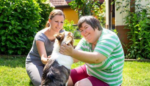 Two women petting a dog on a lawn.